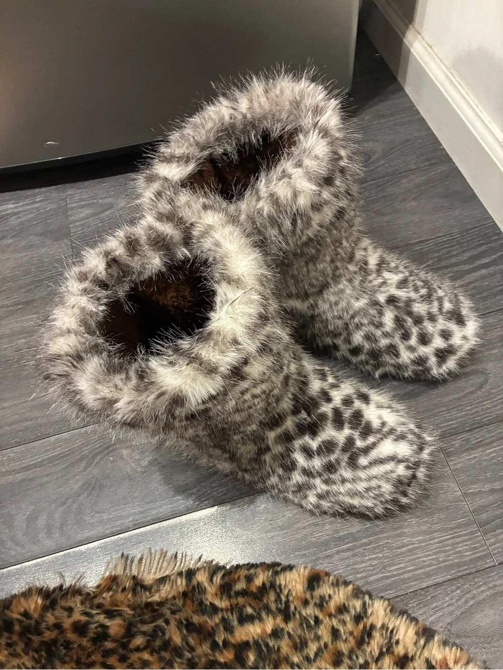 Fashion Nova Leopard Print Faux Fur Ankle Booties in Brown and White